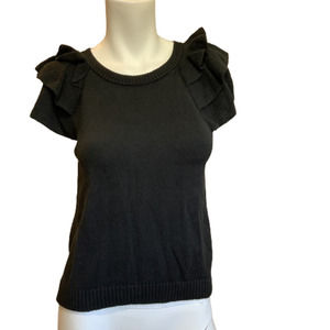 Nation LTD knit Sweater Black Round Neck Ruffled Sleeve Pullover 100% Cotton S